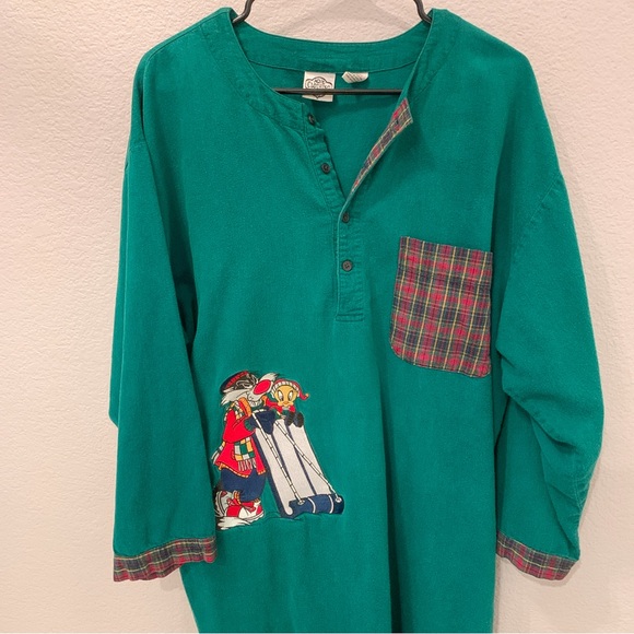 Vtg 1993 Looney Tunes Green Flannel Plaid Sleep Pajama Night Shirt Oversized M - Picture 2 of 13